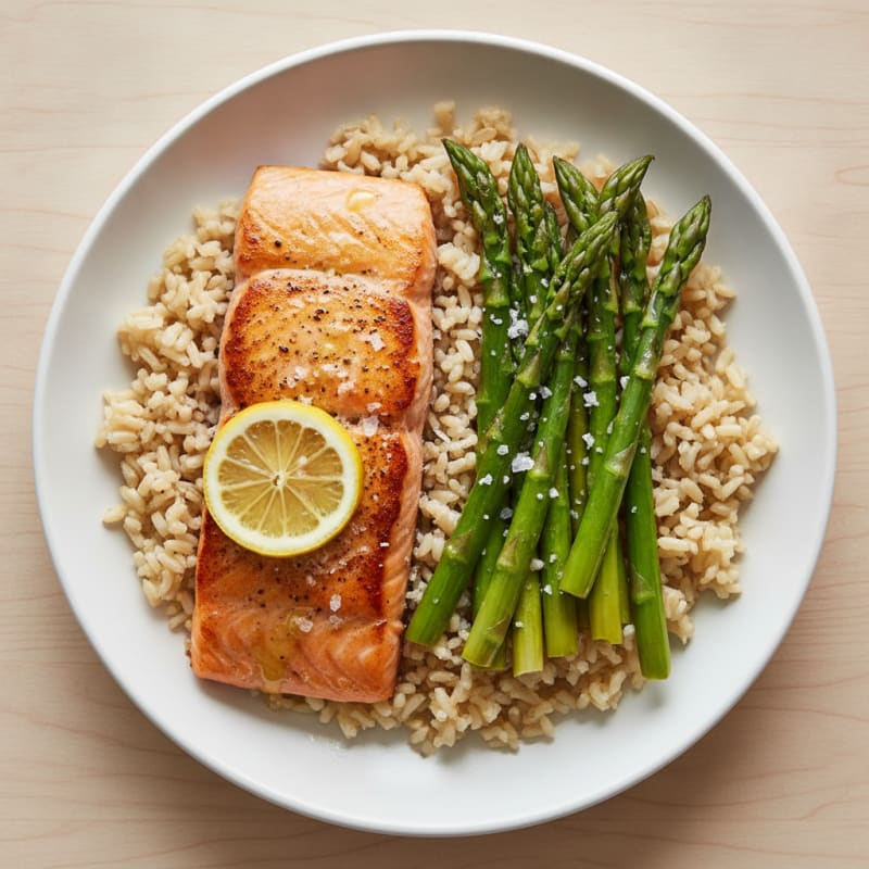 Seared Salmon with Steamed Asparagus and Brown Rice
