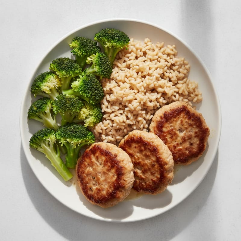 Seared Turkey Patties with Steamed Broccoli and Brown Rice
