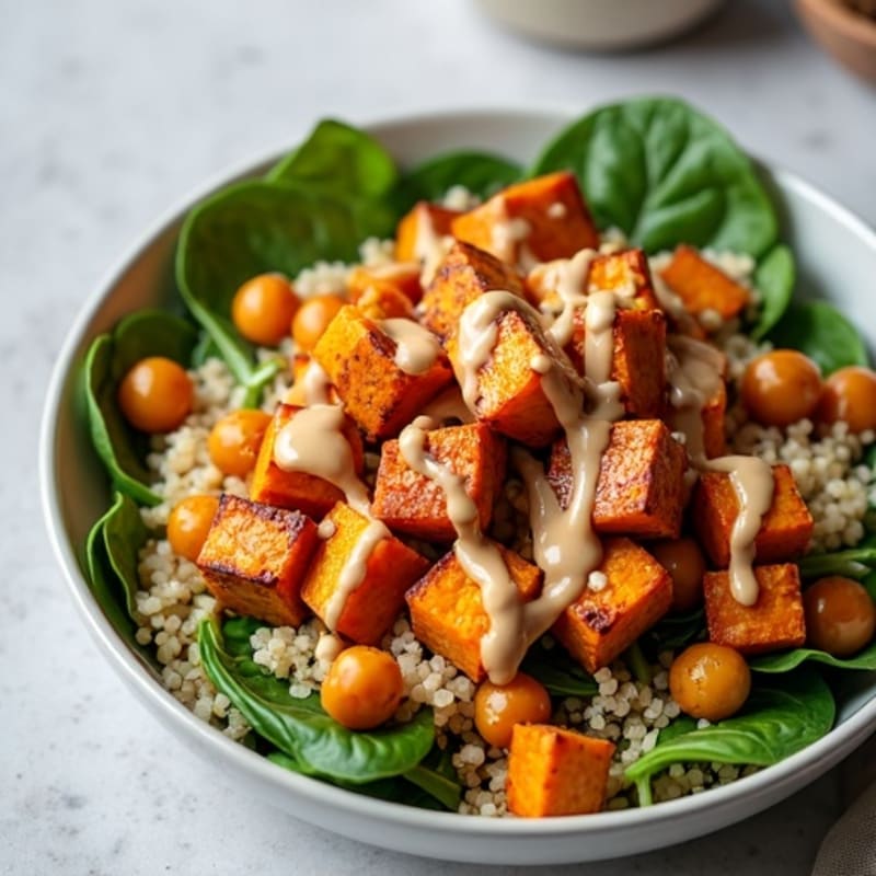 Roasted Sweet Potato and Crispy Chickpea Quinoa Bowl with Creamy Tahini Drizzle