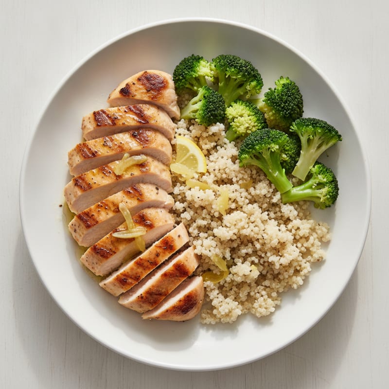 Grilled Chicken Breast with Steamed Broccoli and Quinoa
