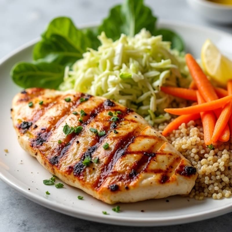 Grilled Chicken Breast with Crunchy Cabbage Slaw and Quinoa