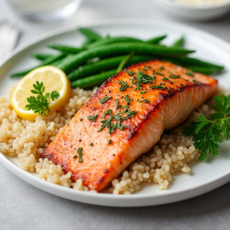 Seared Salmon with Lemon Herb Green Beans and Brown Rice