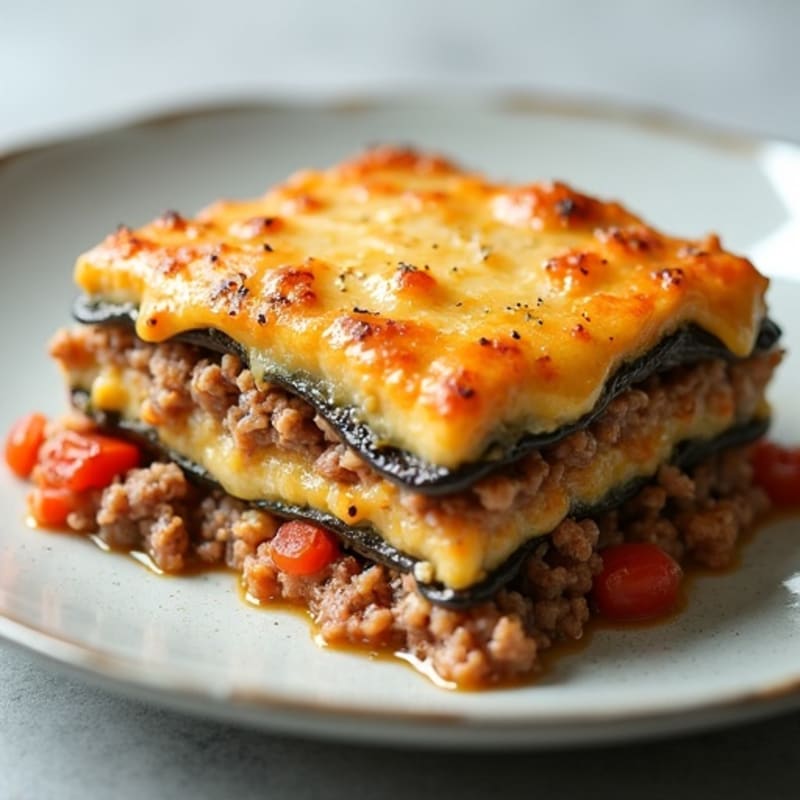 Layered Eggplant and Beef Casserole with Creamy Cauliflower Bechamel
