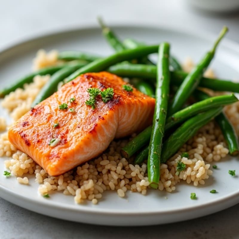 Seared Salmon with Garlic Green Beans and Brown Rice