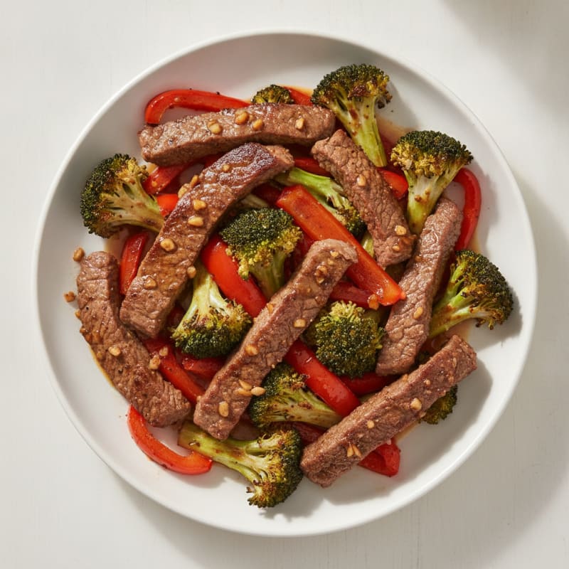 Seared Lean Beef Strips with Roasted Broccoli and Peppers
