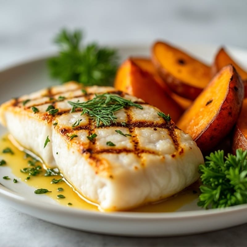 Lemon Herb Grilled White Fish with Roasted Sweet Potato Wedges