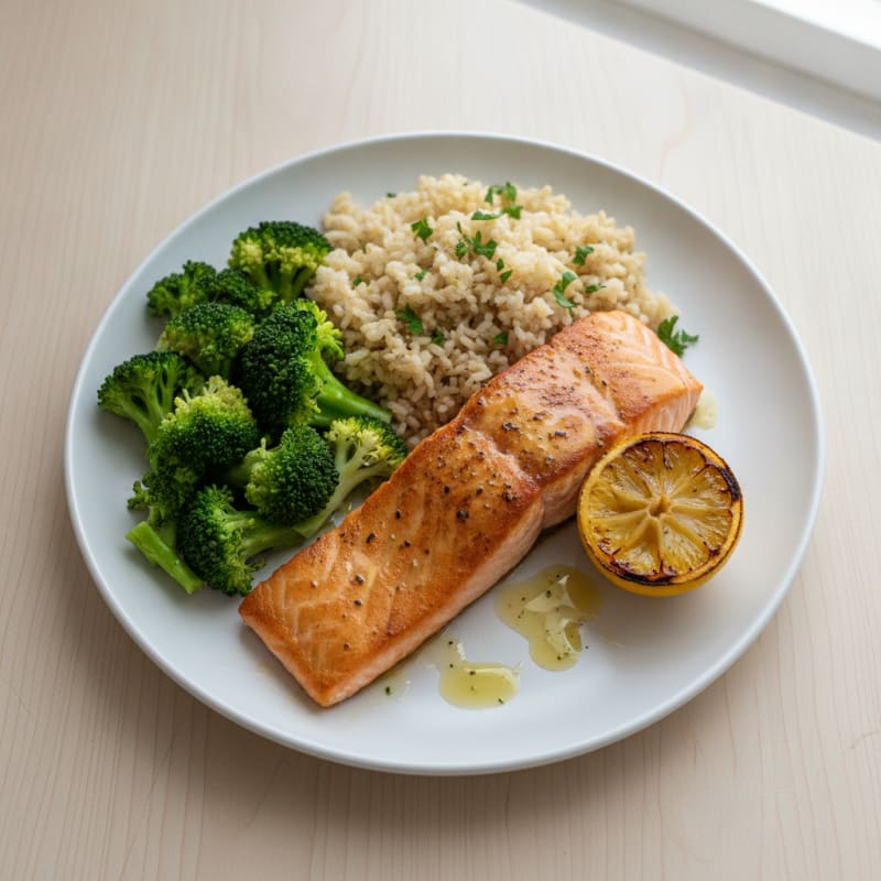 Seared Salmon with Steamed Broccoli and Herb Rice