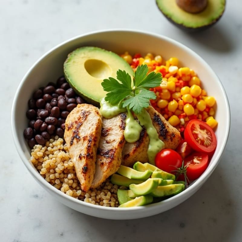 Loaded Black Bean Burrito Bowl with Creamy Avocado Dressing