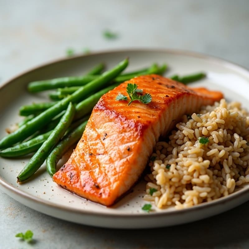 Seared Salmon with Garlic Green Beans and Brown Rice
