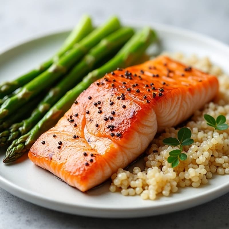 Seared Salmon Fillet with Steamed Asparagus and Quinoa