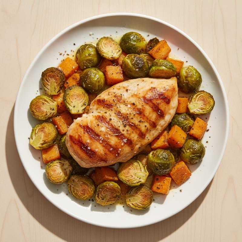 Herb-Roasted Chicken with Crispy Brussels Sprouts and Sweet Potato