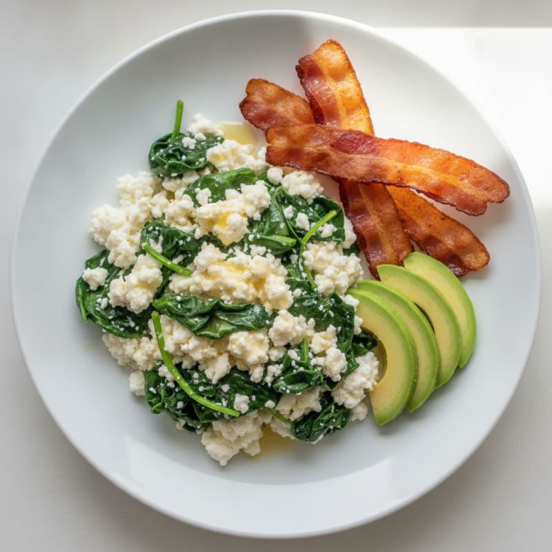 Egg White and Cottage Cheese Scramble with Sautéed Spinach and Turkey Bacon