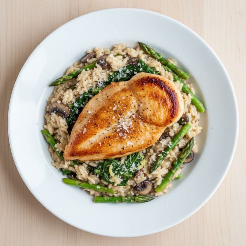 Mushroom and Asparagus Risotto with Pan-Seared Chicken