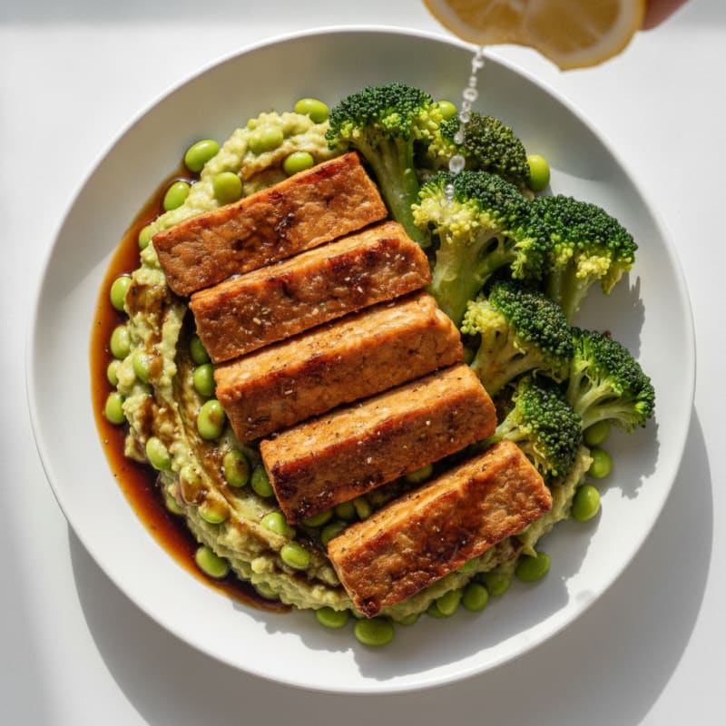 Grilled Tempeh with Steamed Broccoli and Edamame Mash