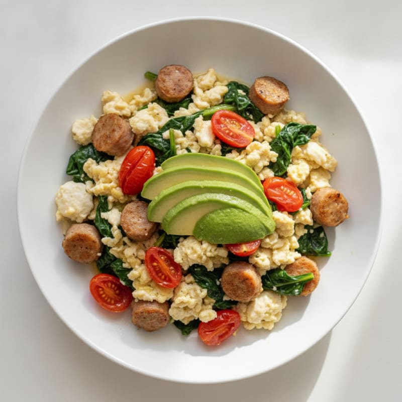 Egg White and Turkey Sausage Scramble with Spinach and Tomatoes