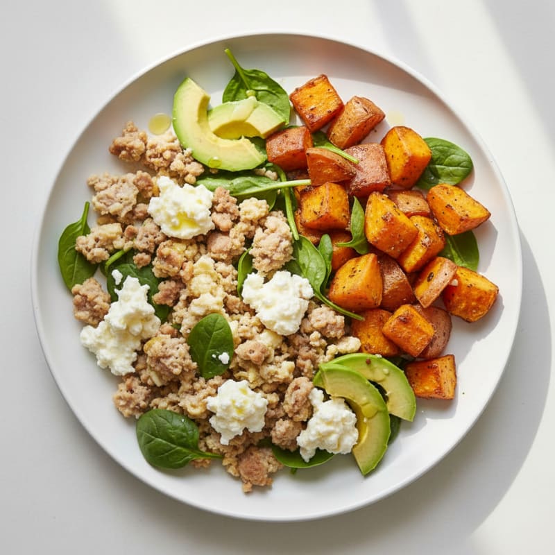 Egg White and Turkey Sausage Scramble with Cottage Cheese and Roasted Sweet Potatoes