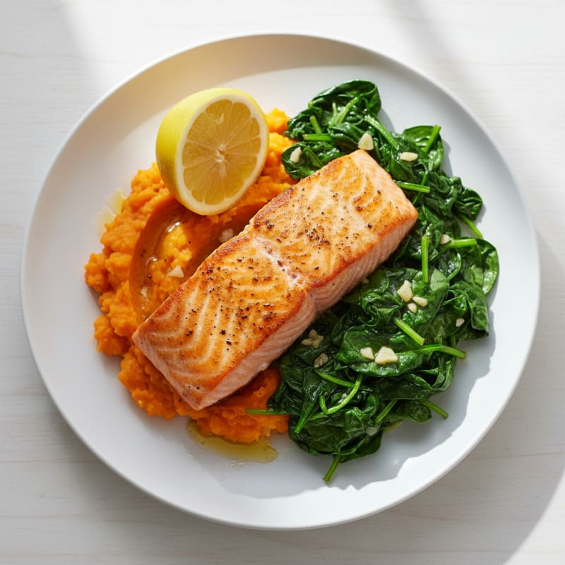 Seared Salmon with Garlic Spinach and Sweet Potato Mash