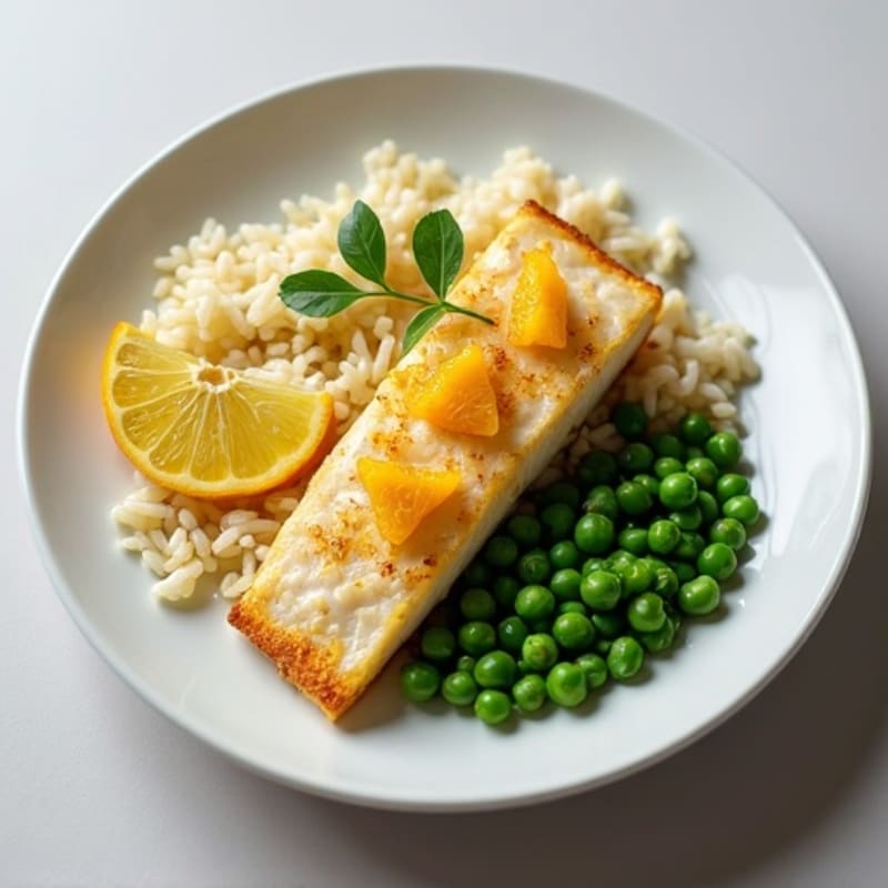 Pan-Seared Citrus Flounder with Jasmine Rice and Garlic Peas