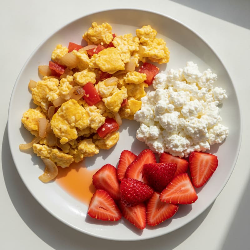 Scrambled Eggs with Sautéed Onions and Tomatoes, Cottage Cheese, and Sliced Strawberries