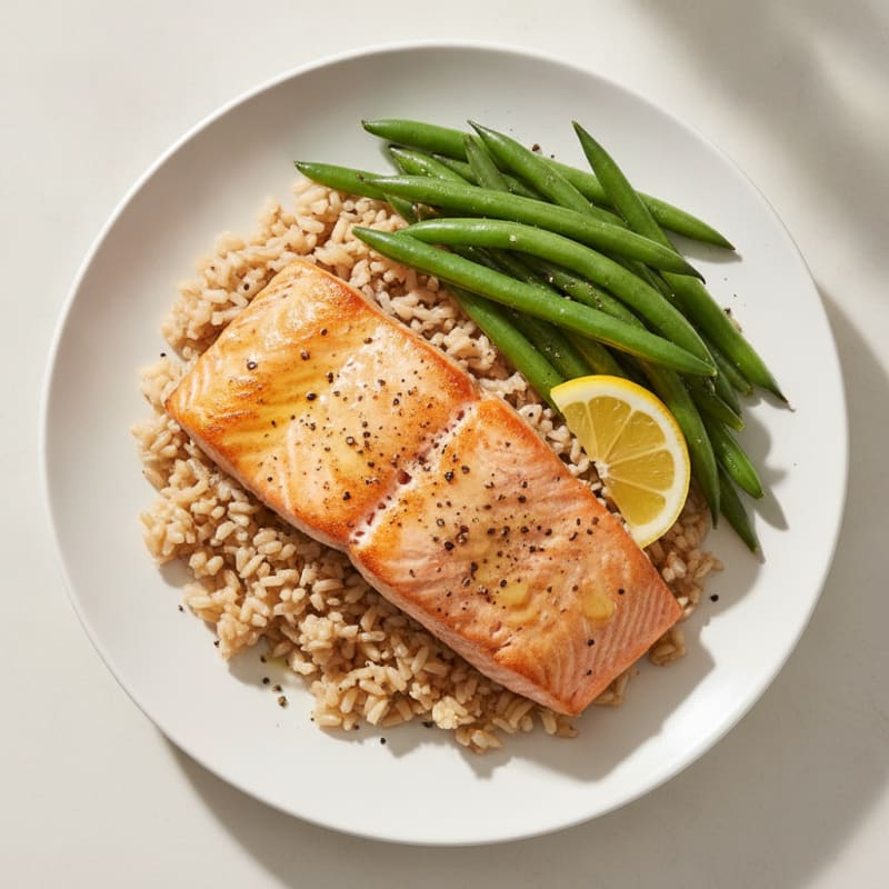 Seared Salmon with Steamed Green Beans and Brown Rice
