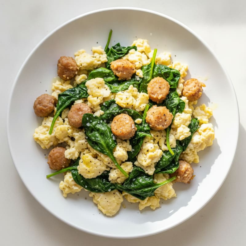 Scrambled Egg Whites with Turkey Sausage and Sautéed Spinach