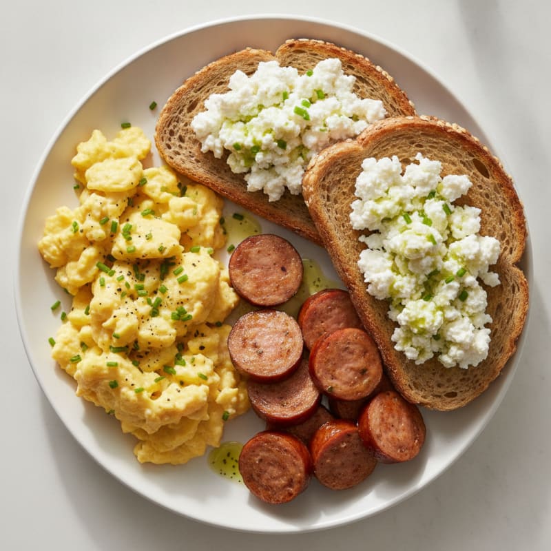 Scrambled Eggs with Turkey Sausage and Cottage Cheese Toast