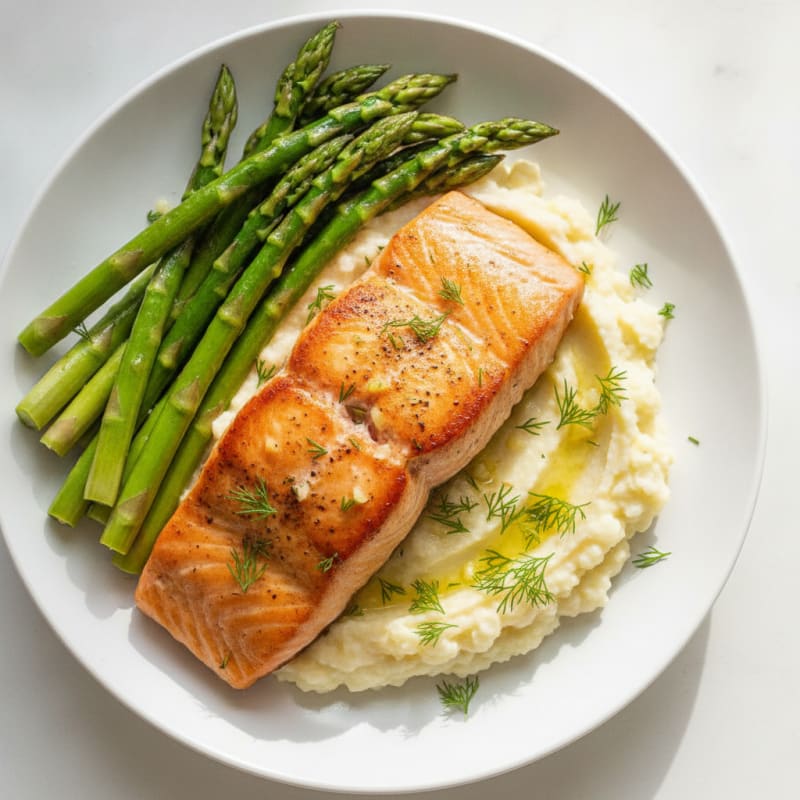 Seared Salmon with Steamed Asparagus and Cauliflower Mash