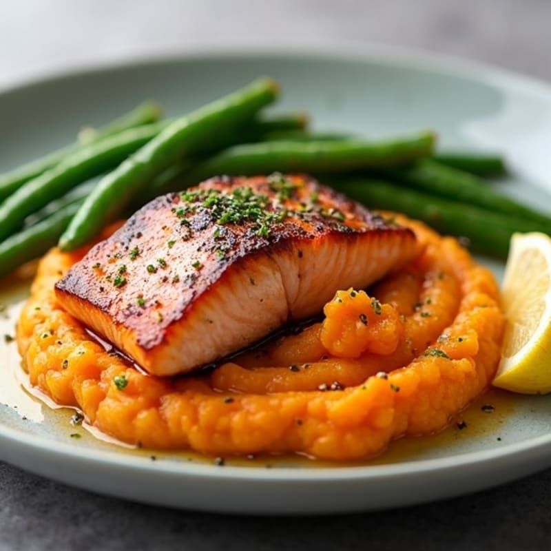 Seared Salmon with Garlic Green Beans and Sweet Potato Mash