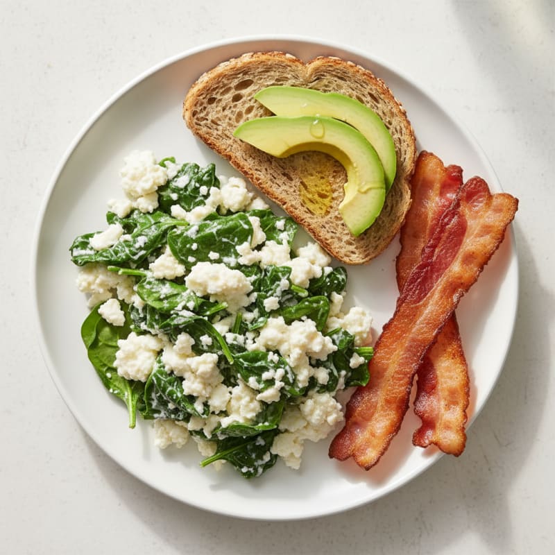 Cottage Cheese Egg White Scramble with Spinach and Turkey Bacon