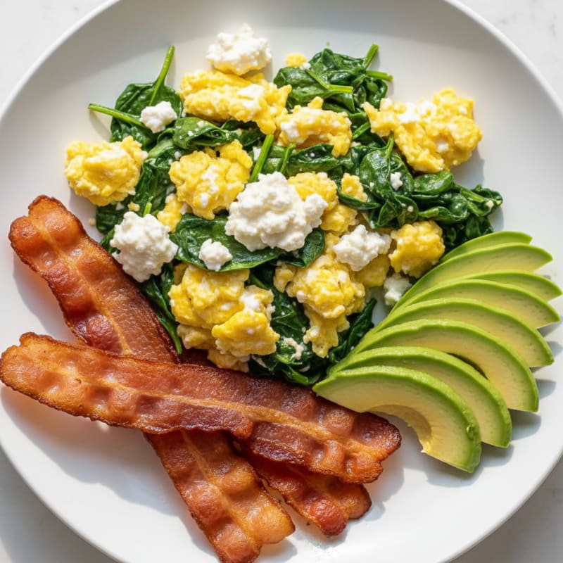 Cottage Cheese Egg Scramble with Sautéed Spinach and Turkey Bacon