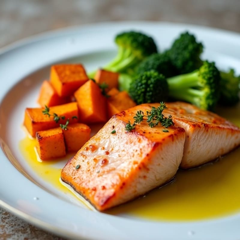 Seared Salmon with Roasted Sweet Potatoes and Steamed Broccoli