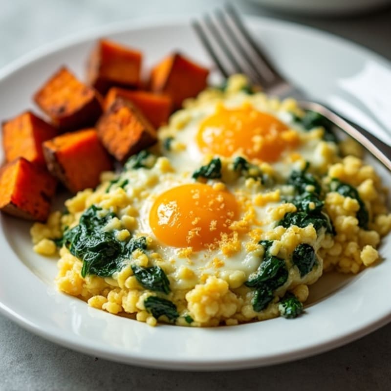 Fluffy Egg and Spinach Scramble with Roasted Sweet Potatoes