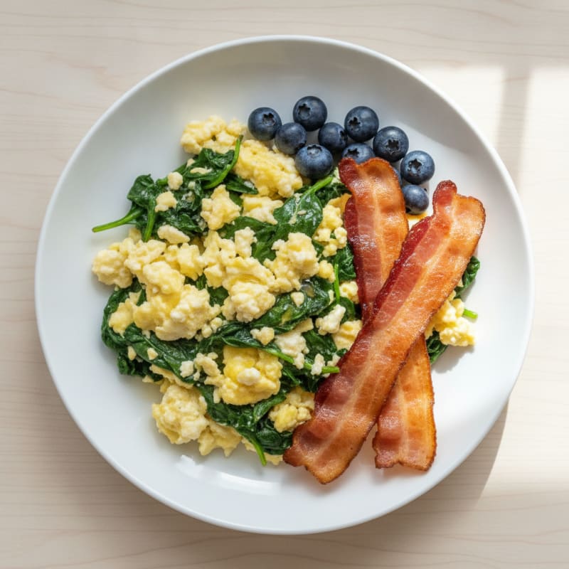 Cottage Cheese Scramble with Sautéed Spinach and Turkey Bacon