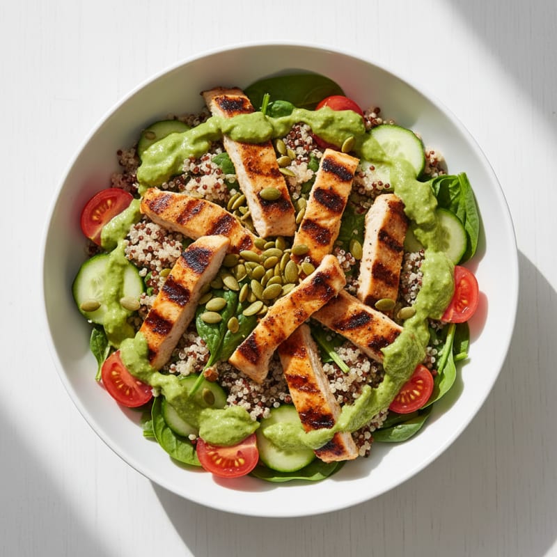 Grilled Chicken and Quinoa Power Bowl with Creamy Avocado Dressing