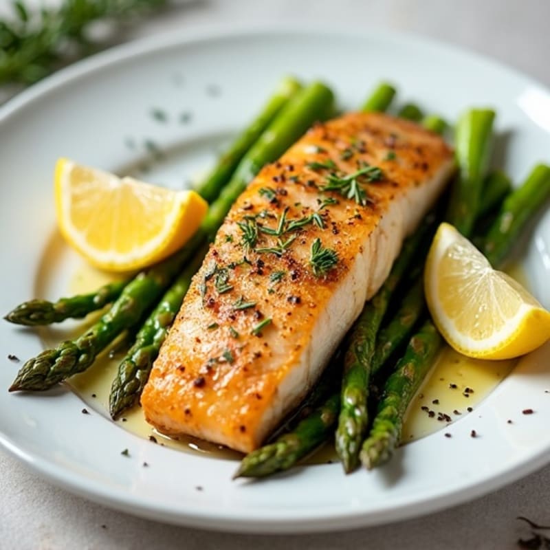 Crispy Skinned Lemon Herb Rainbow Trout with Roasted Asparagus