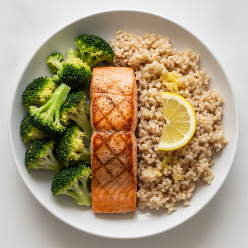 Seared Salmon with Steamed Broccoli and Brown Rice