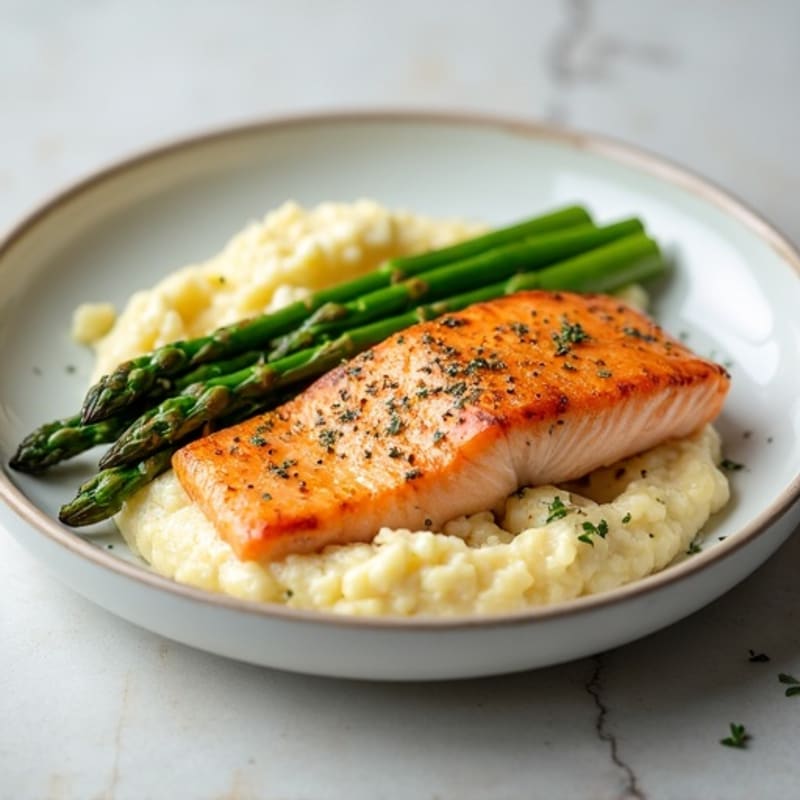 Seared Salmon with Steamed Asparagus and Cauliflower Mash