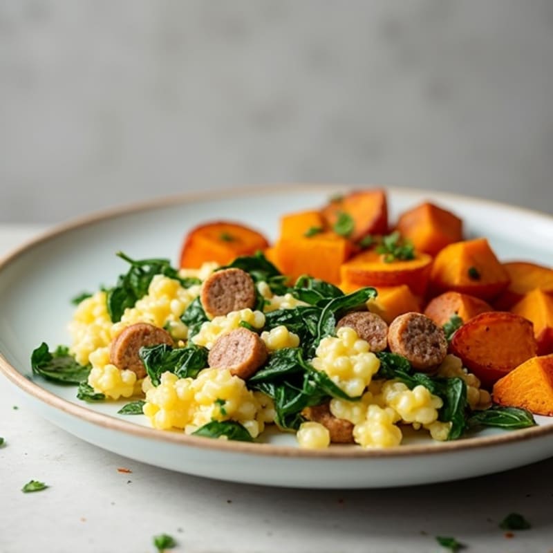 Egg White and Turkey Sausage Scramble with Spinach and Roasted Sweet Potatoes