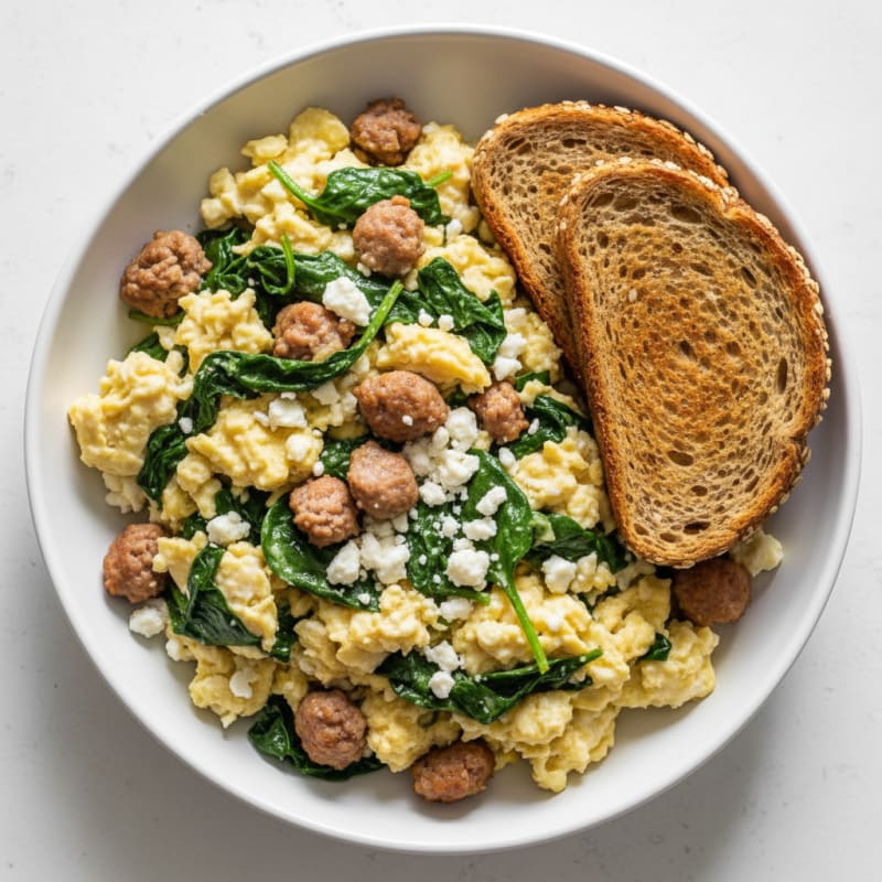 Egg White and Turkey Sausage Scramble with Spinach and Feta