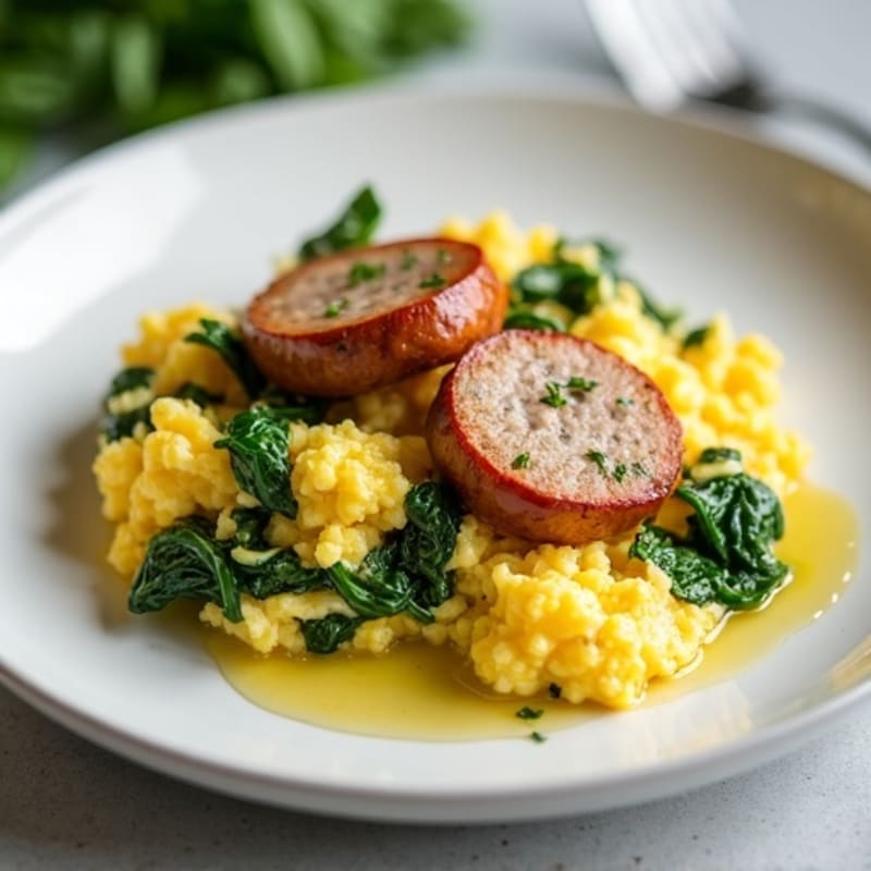 Egg White Scramble with Chicken Sausage and Spinach