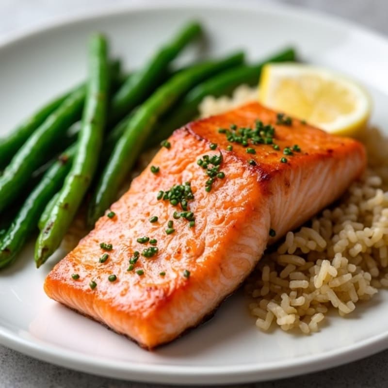 Seared Salmon with Garlic Green Beans and Brown Rice