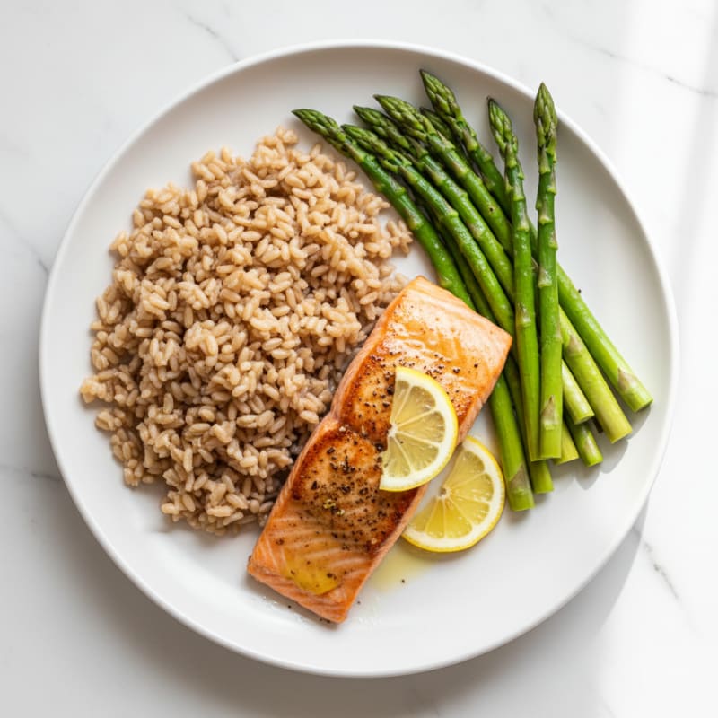 Seared Salmon with Steamed Asparagus and Brown Rice