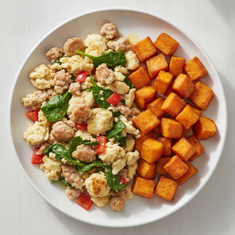 Egg White and Turkey Sausage Scramble with Roasted Sweet Potatoes