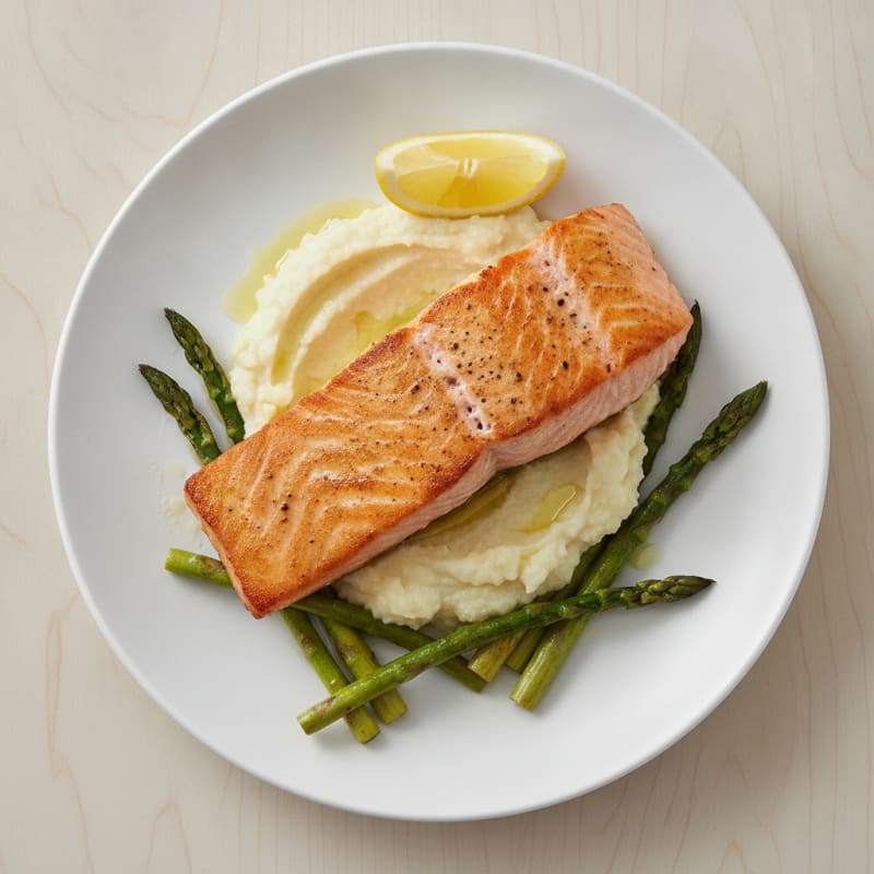 Seared Salmon Fillet with Roasted Asparagus and Cauliflower Mash
