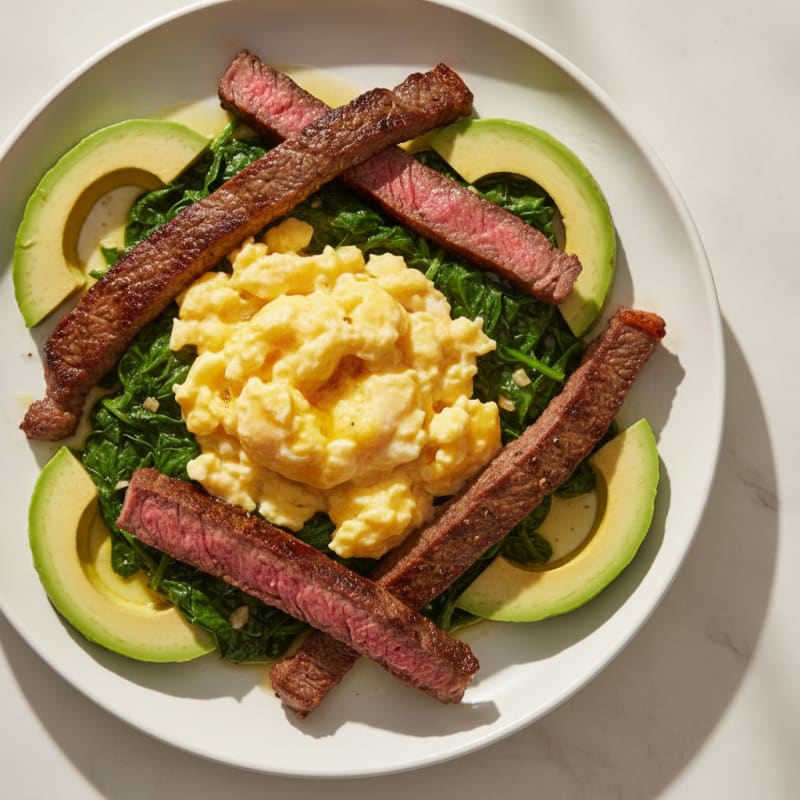 Scrambled Eggs with Steak Strips and Sautéed Spinach