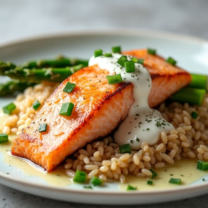 Seared Salmon with Steamed Asparagus and Brown Rice