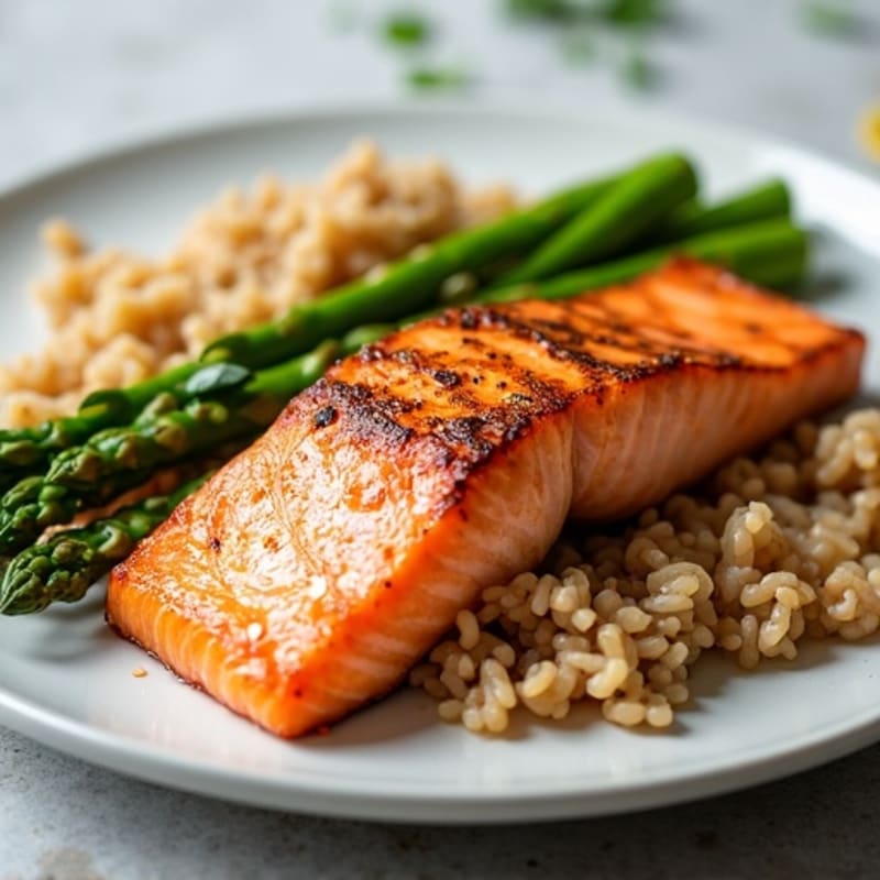 Seared Salmon with Steamed Asparagus and Brown Rice