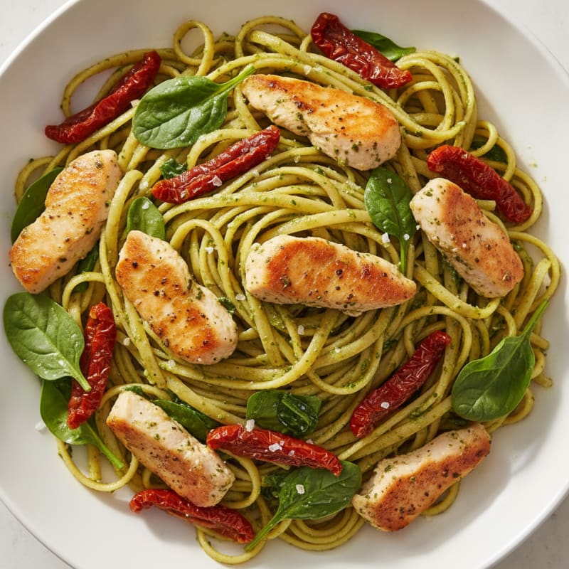 Pesto Chicken Linguine with Sun-Dried Tomatoes