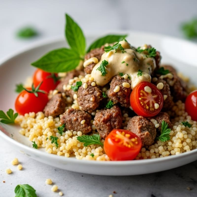 Spiced Ground Lamb with Herbed Couscous, Fresh Cherry Tomatoes, and Creamy Tahini Drizzle