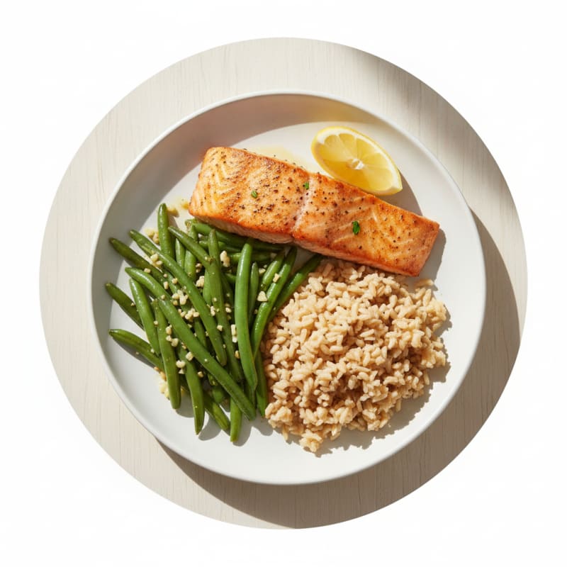 Seared Salmon with Garlic Green Beans and Brown Rice